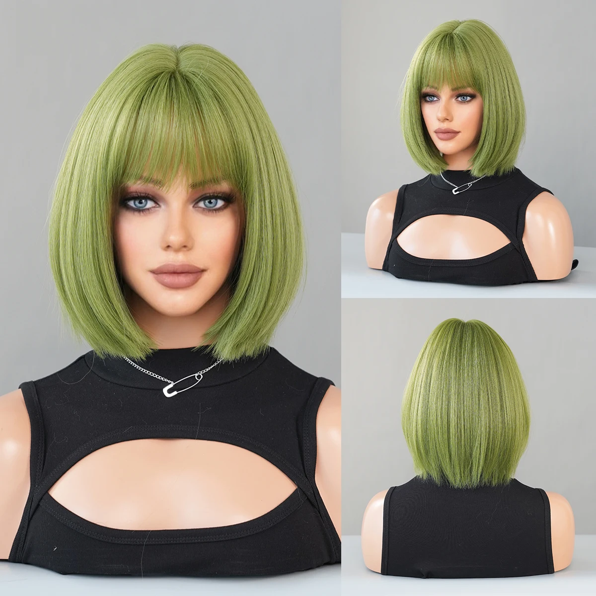 PARK YUN Green Short Bob Wig for Girl Daily Wear Synthetic Wig New Style Natural Supple Summer Heatresistant Wig With Bangs