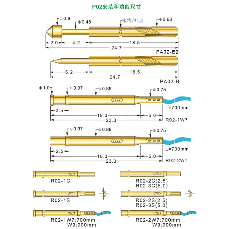 20/100PCS P02-B1 Frühling Test Probe Phosphor Bronze Vernickelt PCB Sonde Durchmesser 0,68mm Länge 24,70mm sonde Werkzeug Test Pin P02-B – Detail 2