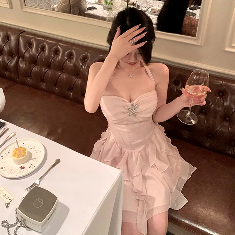 

Women Elegant Mini Dress 2023 y2k Summer French Style Diamond Ruffles Pink Sexy Sweet Dresses Ladies Birthday Party Club Outfits