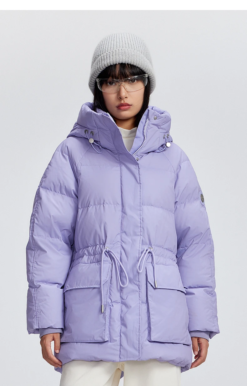 Metersbonwe Women's Adjustable Waist Drawstring Down Coat Puffer 85% Duck Down Hooded Patch Pockets Warm Winter Puffer Jackets