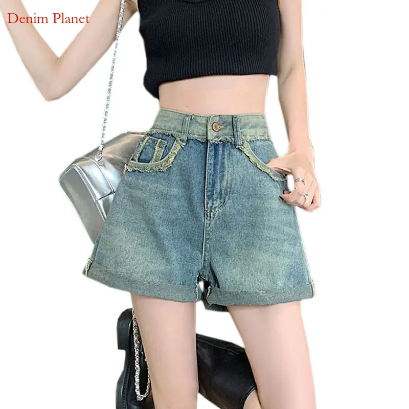 

Denim Planet Rugged Denim Shorts For Women's Trendy Contrasting Color Loose High Waisted Straight Tube A-Line Casual Wide Leg