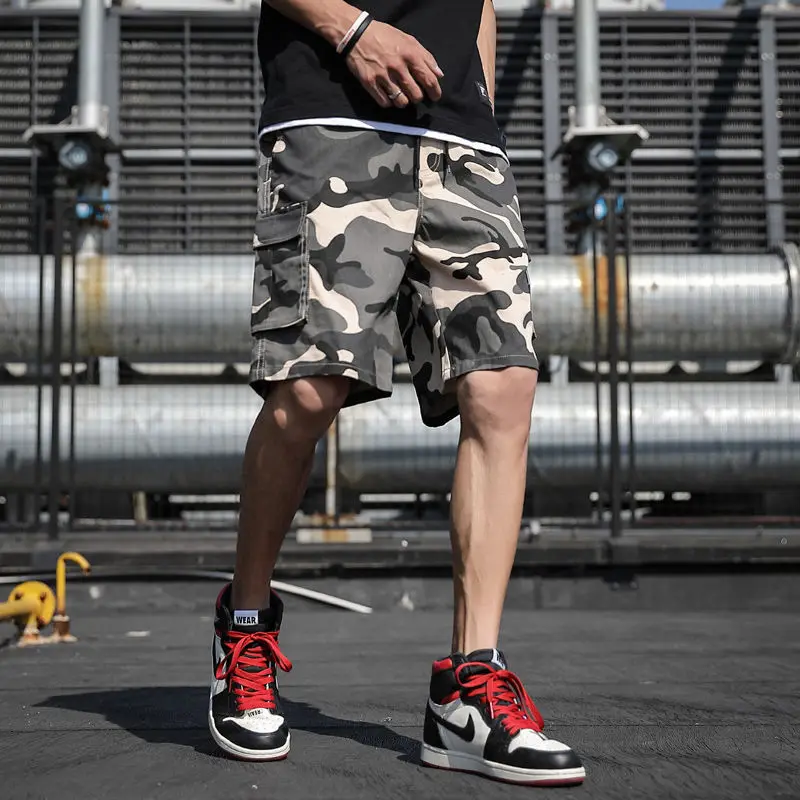 2023 summer camouflage Waist drawstring Pockets knee length pants man american style fashion Loose Casual cotton motion shorts