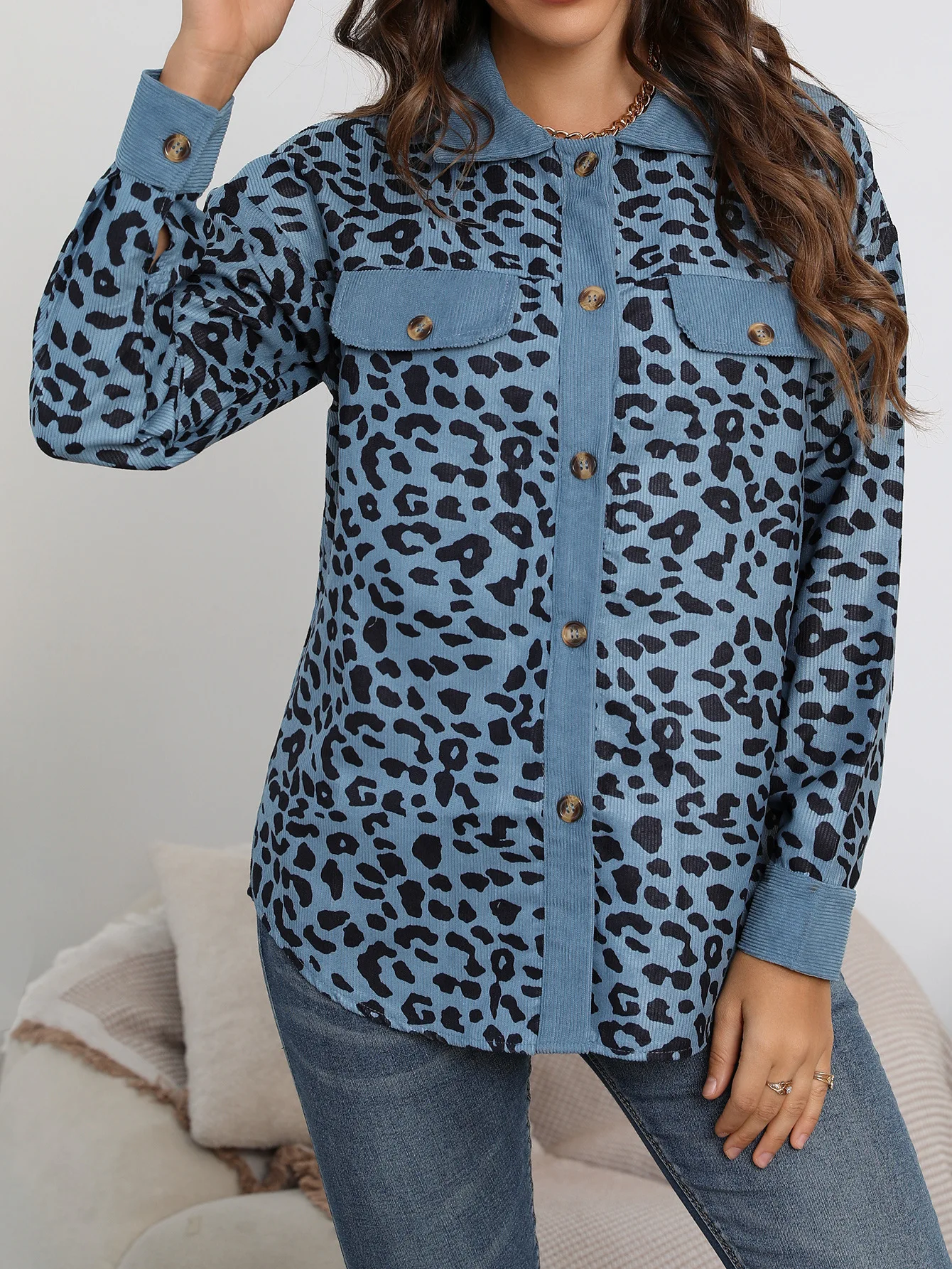 Vêtements à manches longues College léopard pour femmes, bouton, mode européenne et américaine, transfrontalier, Amazon, automne, hiver, nouveau, 2024