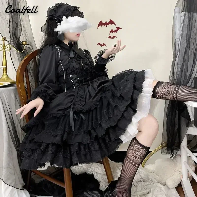 Vintage Gothic Princess Dress Women Dark Harajuku Lace Up Cross