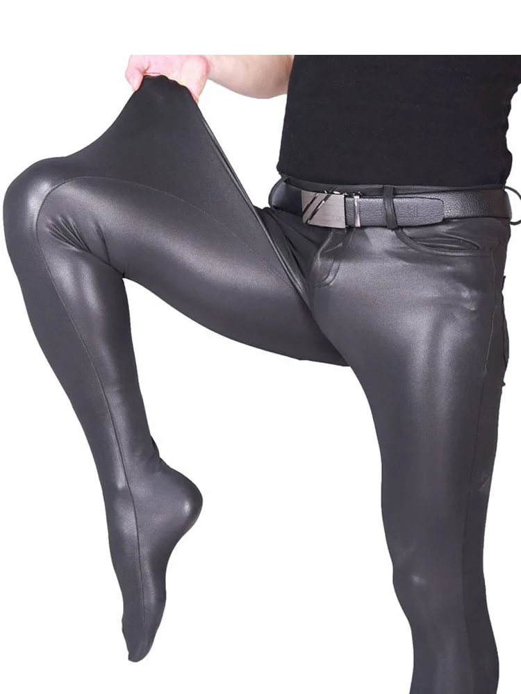 

Ealstic Faux PU Leather Jeans Mens Pantyhose Tights Sexy Fitness Leggings Fashion Pencil Pants Trousers Collant Spodnie Pantalon