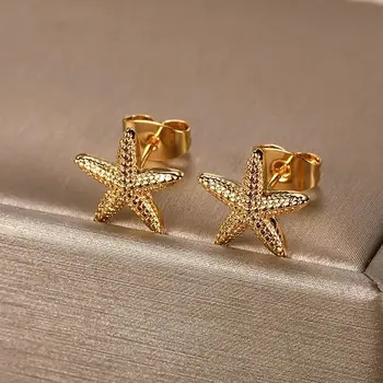 Vintage Starfish Stud Earrings for Women Stainless Steel Shell Ocean Party Jewelry Gift