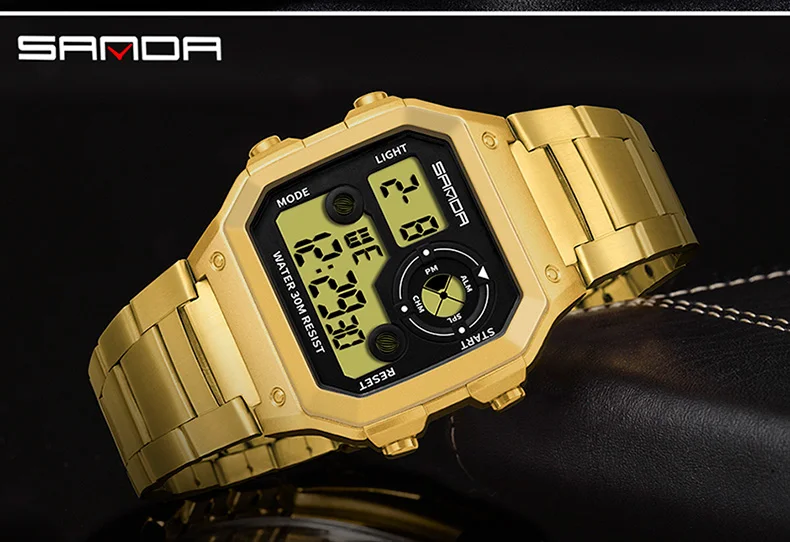 SANDA square steel band watch tide men’s watch hip hop Retro Gold Waterproof Leisure Sport Electronic Watch retro digital watch