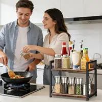 Étagère épices bois deux niveaux gain place organiseur multifonction plan travail cuisine station café rangement assaisonnements accessoires café ustensiles cuisine plans domestiques maison 3