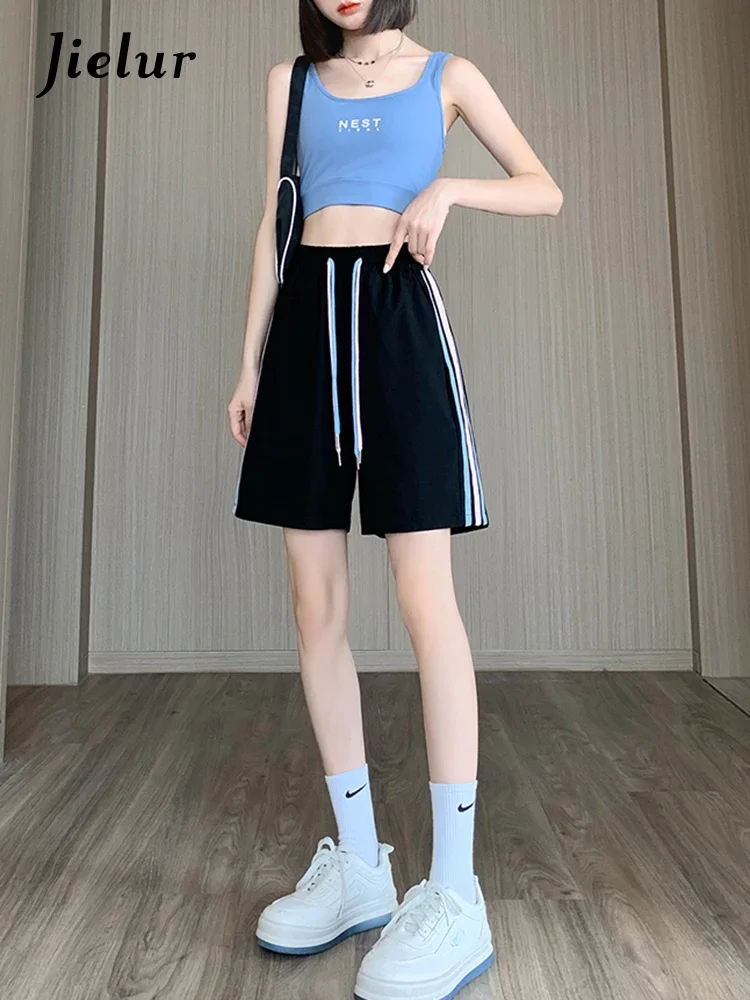 Jielur Side Stripe Pink Shorts Women Summer Loose Drawstring Sports Shorts High Waist Simple Wide Leg Casual Short Pants Female