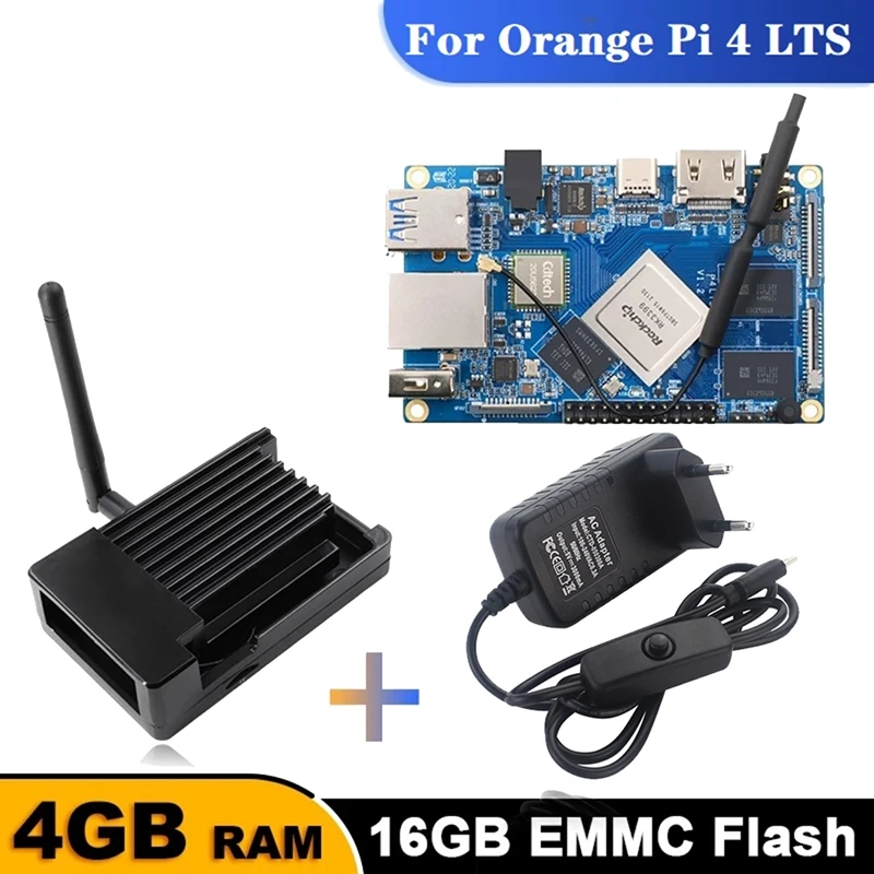 

For Orange Pi 4 LTS+ Aluminum Alloy Shell +Power RK3399 4G RAM+16G EMMC Android Ubuntu Debian Development Board EU Plug