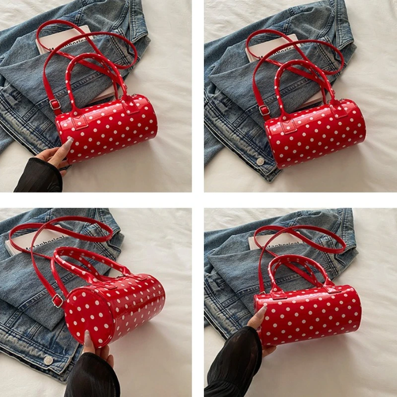 Mini Borsa Retrò a Pois con Tracolla Staccabile in Pelle Verniciata Lucida, Versatile Borsa a Cilindro da Spalla, Borsa a Tracolla da Donna - immagine 6
