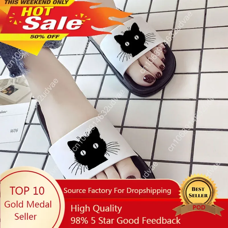 

Summer Women Shoes Indoor Slippers black cats Print Home Beach sandals Non-slip floor Slides Fashion ladies shoes Plus Size 41