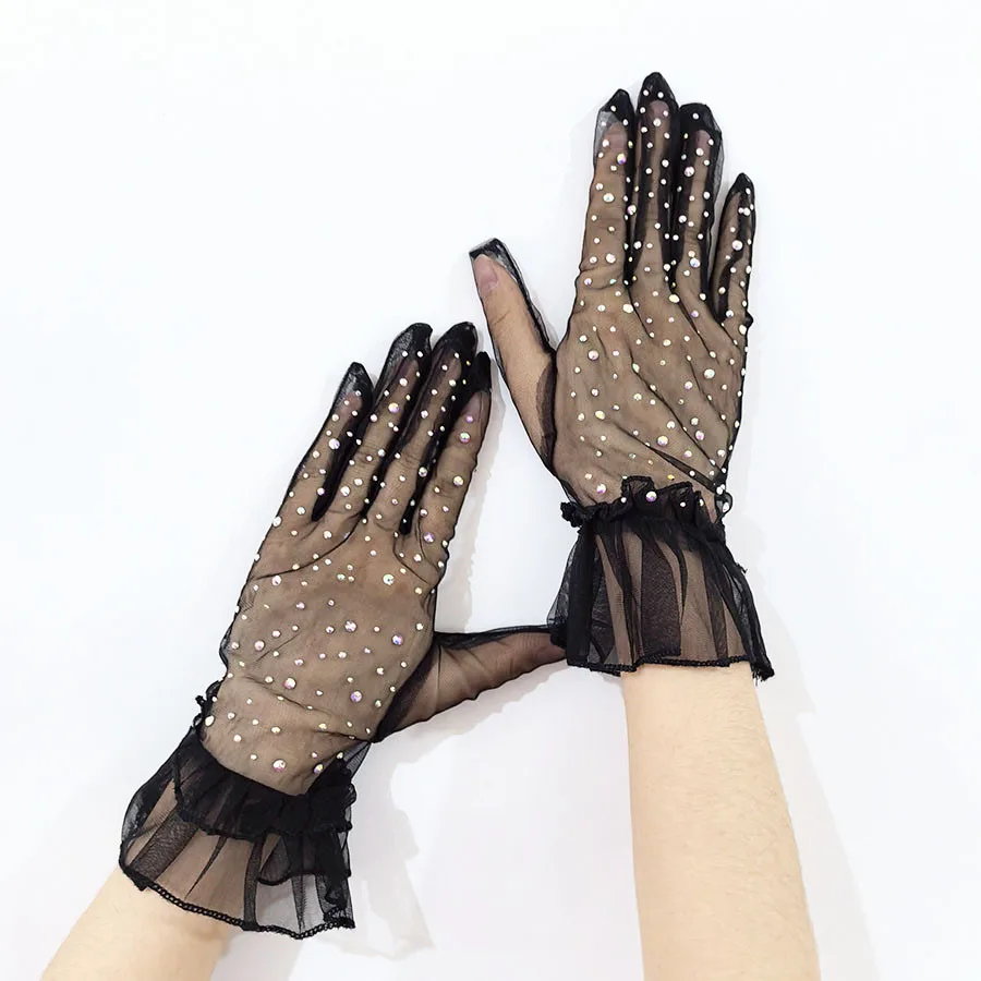 

Women Sexy Mesh Ruffles Colorful Flash Drilling Fashion Personality Stage Performance Gloves Music Festival Thin Breathable