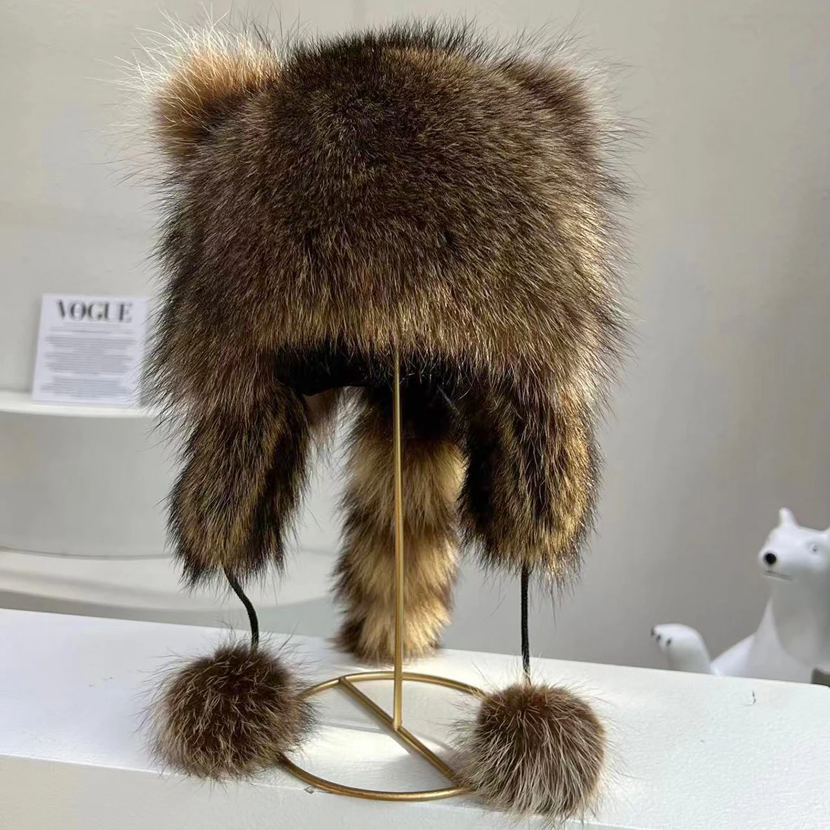 

Luxury Real Raccoon Fur Hats Lady Warm Outdoor Winter Knitted Cute Fox Fur Raccoon Hat Bomber Caps Snow Earflap Hats Women
