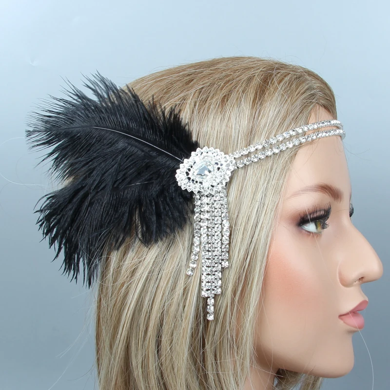 

Women Feather Hairband Headpiece Vintage Costume Party Rhinestone Beaded Feather Flapper Headband Headdress Hair Accessories