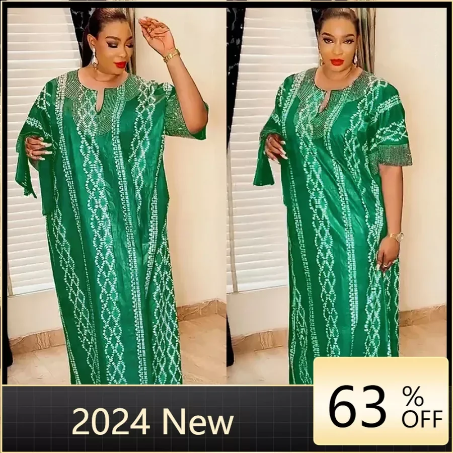 African Dresses for Women Autumn Elegant 2024 Short Sleeve V-neck Orange Green Long Dress Muslim Fashion Abaya African Clothing