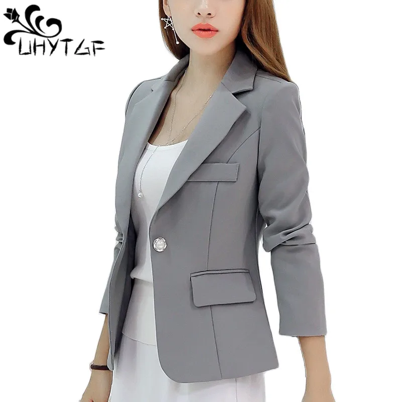 

UHYTGF 2023 Spring Blazer Jacket Woman Solid Color Lapel Slim Short Coat Female Long Sleeves Elegant Ladies Outewear Abrigo 2538