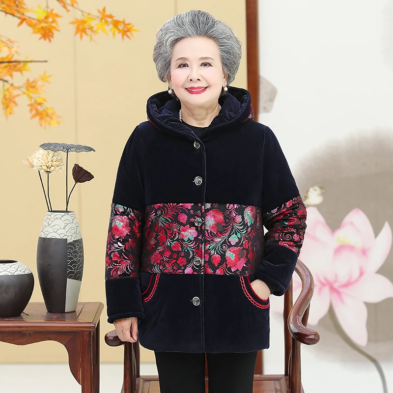 

Winter Thicken Middle Aged Elderly Women Coat Hooded Fleece Grandma Cotton Jacket Warm Mid-Long Mother Parka XL-5XL