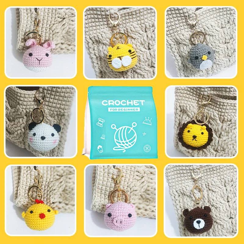 8Pcs Crochet Kit For Beginner Complete Crochet Knitting Kit Cute Animal Dolls Starter Pack with Yarn Keychain DIY Craft