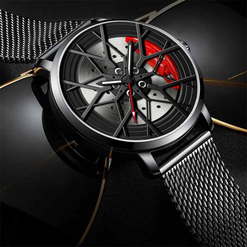 BORUSE Fashion Mens Car Wheel Watches Luxury Stainless Steel Mesh Watch Men Quartz Wristwatch Male Clock montre homme