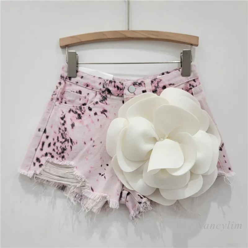 Printed Tie-Dyed Sexy All-Matching Ripped Tassel Frayed Three-Dimensional Flower Denim Shorts Wide Leg Hot Pants for Women