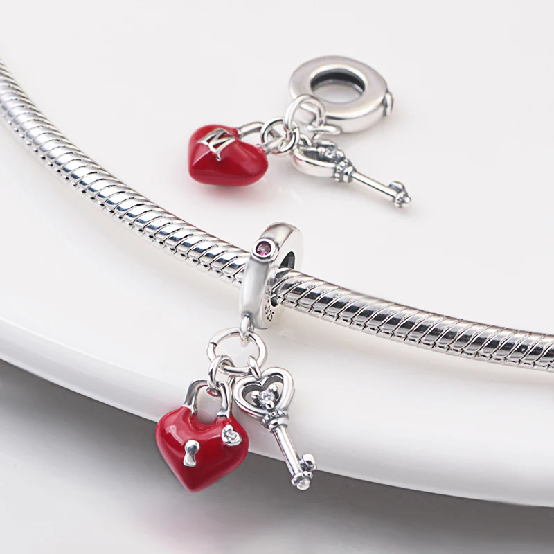 925 Solid Silver Padlock Lock Cylinder Key Heart Shaped Pendant Love Beads Fit Pandora 925 Original Bracelet Fine Charms Jewelry