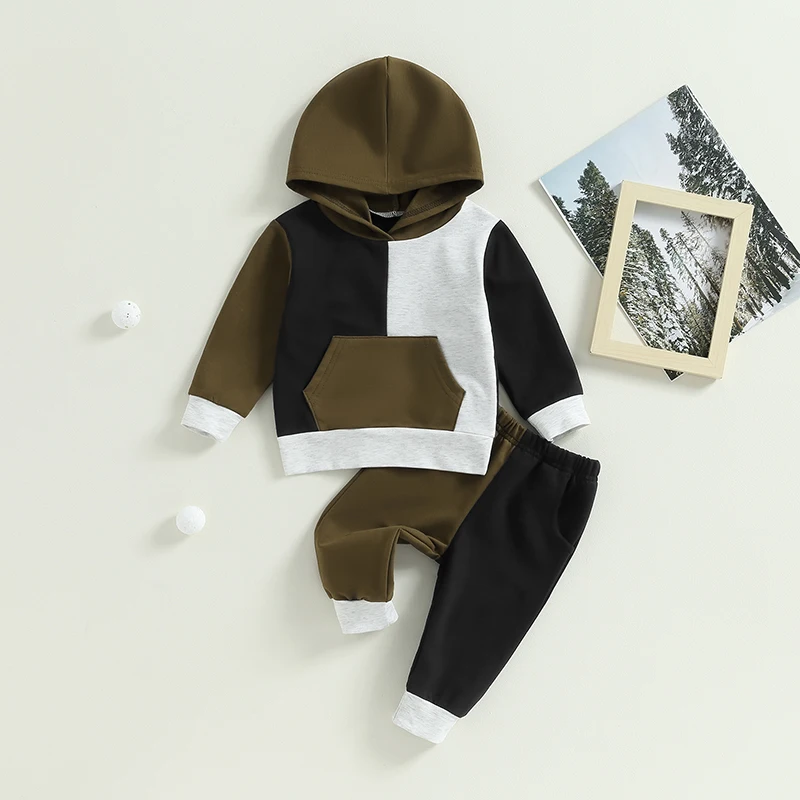 

0-3 Years Infant Baby Boy Clothes Contrast Color Long Sleeve Hood Sweatshirt Tops Long Pants Set 2023 Fall Winter 2Pcs Outfits