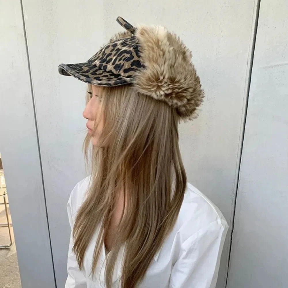 Warm Leopard Print Baseball Hat Corduroy Short Brim Peaked Cap Velvet Thickened Bomber Hats Women