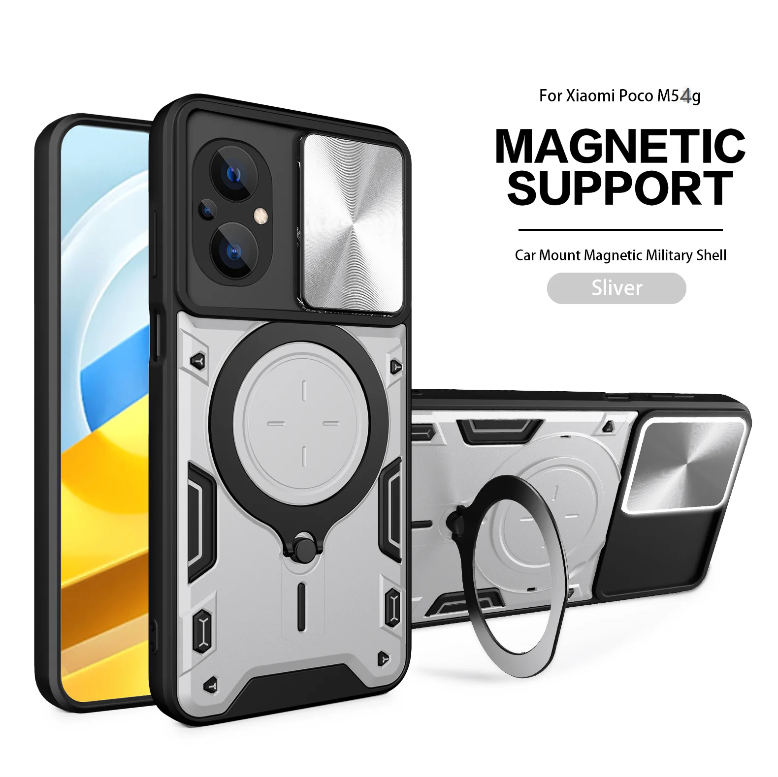 Heavy Duty Rugged Armor Phone Case with Magnetic Bracket and Slide Camera Protection Cover