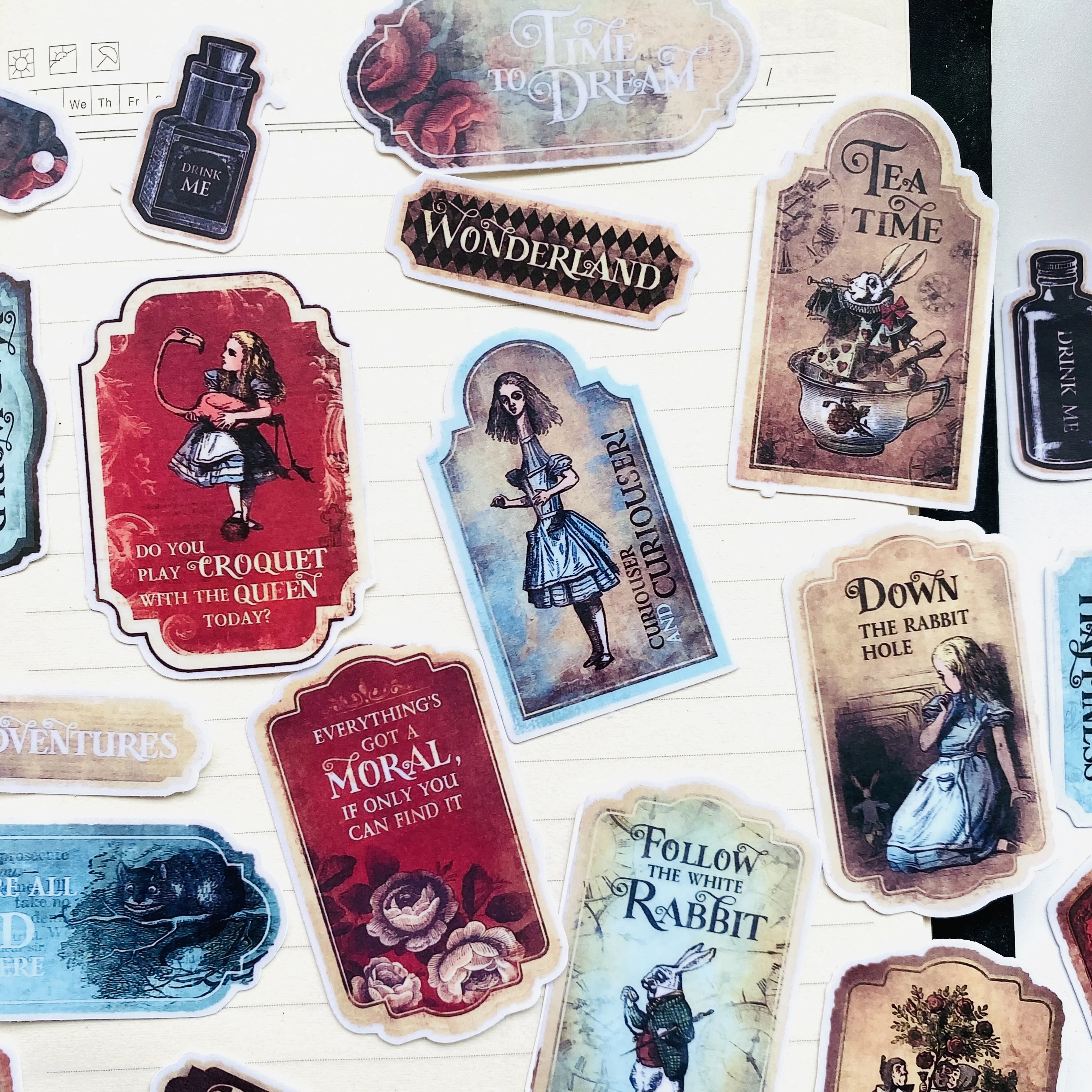 Cartoon Stickers Decorative Stickers Self Adhesive Stickers Custom Stickers Stationery Stickers Anime Stickers Paper Stickers Adhesive Stickers Decorative Labels Stickers 42Kinds Vintage Girl In Wonderland Theme Stickers DIY Scrapbooking Collage Phone Diary Album Happy Plan Gift Seal Decoration
