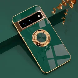 Luxury Plating Silicone Shockproof Phone Case with Metal Ring Magnetic Holder Stand for Pixel 9 Pro XL (Dark Green)