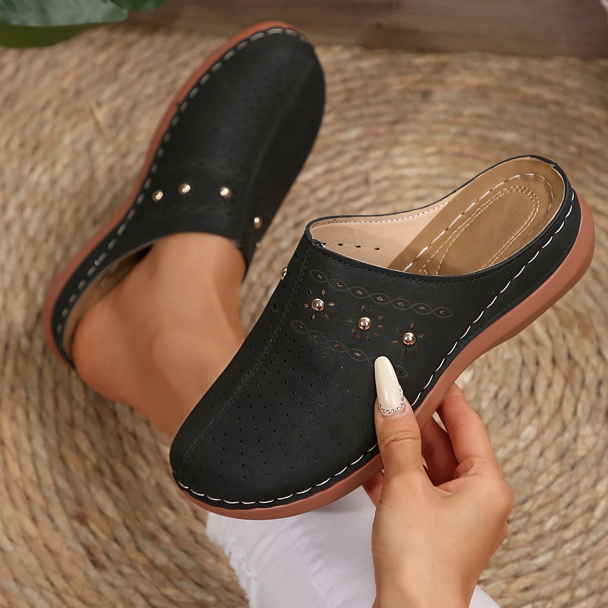 Neue Modische Damen-Slipper Sommerschuhe aus Spaltleder mit Hohlmustern Atmungsaktive Baotou-Sandalen Bequem und Leicht – Detail 12