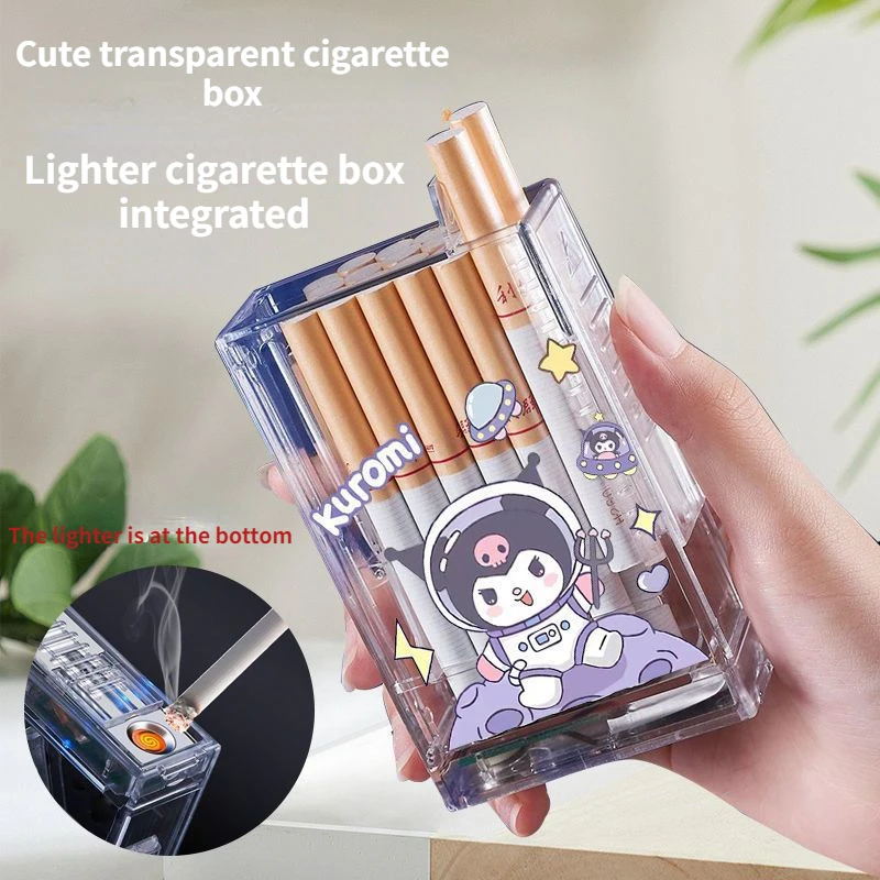 

High appearance Transparent cigarette lighter integrated cute Cartoon Cigarette Boxes Windproof Waterproof Charging Lighter Gift