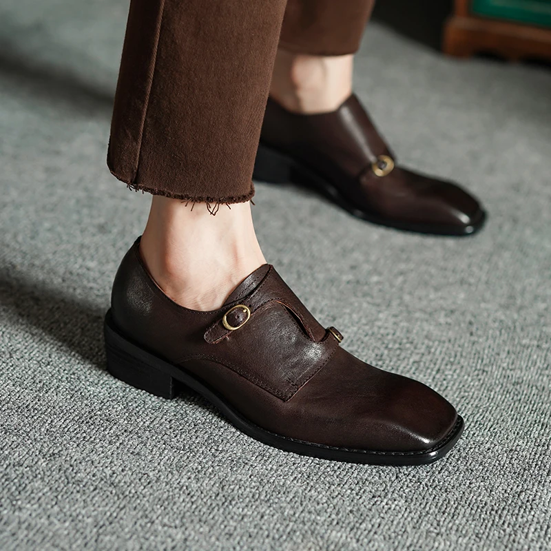 

Heihaian Loafers Shoes 2023 Fall New Retro Style Fashion Single Shoe Belt Buckle Decorated Square Toe Shoes For Women