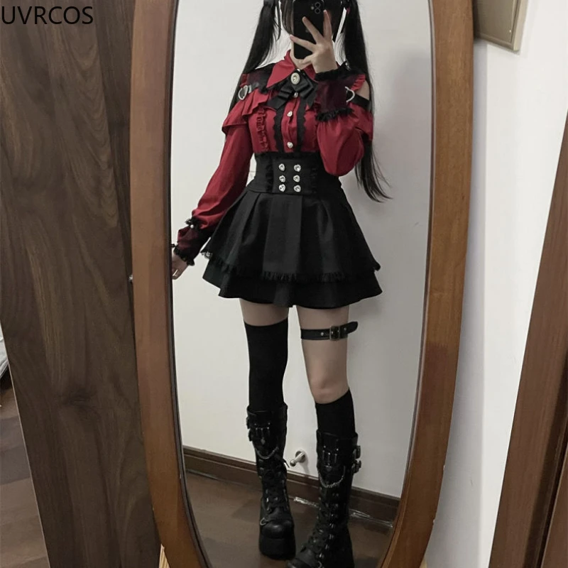 2024 Japanese Black Short Skirt Set Gothic Ruffle Mini Skirts Sexy Lace Off Shoulder Lolita Shirt Gown Faldas Y2k Aesthetic Suit 5