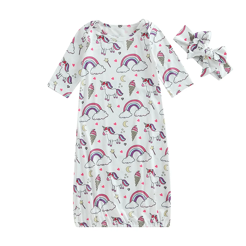 Pudcoco Baby Newborn Sleeper Gown Cute Cartoon Print Long Sleeve Nightgown with Headband for Girls
