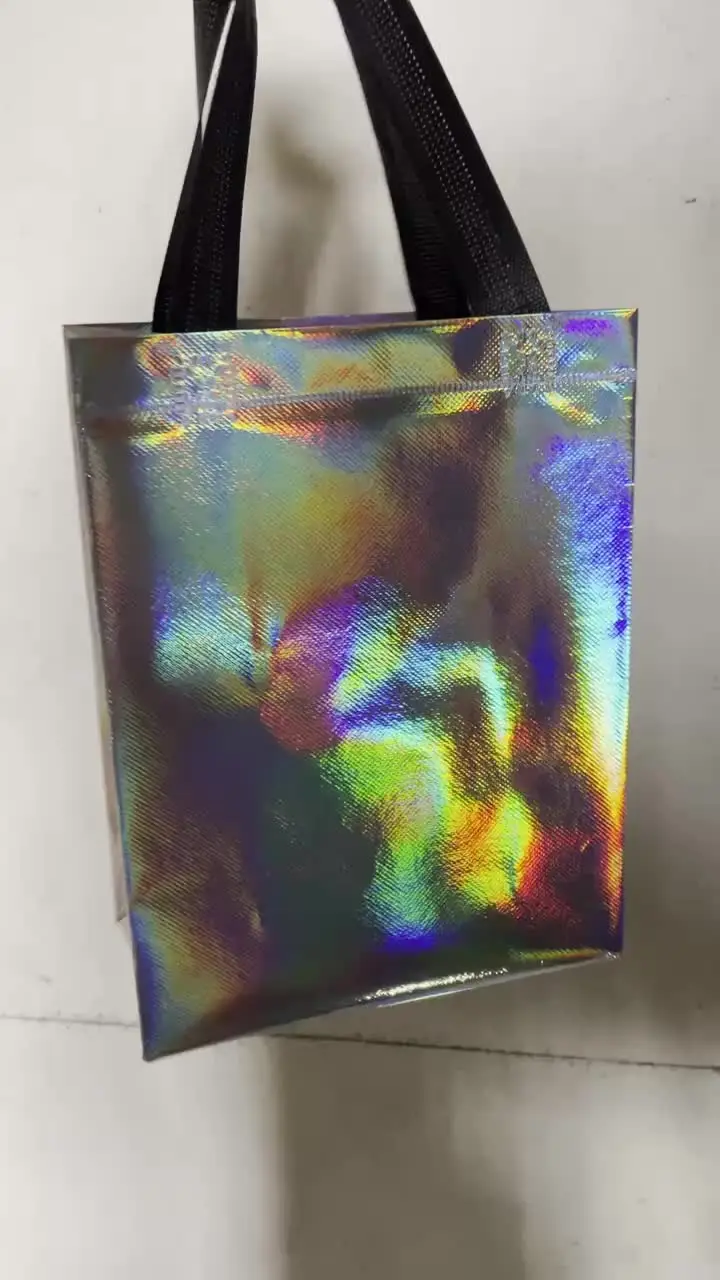 Sacchetti regalo olografici con manico, in PVC trasparente iridescente, riutilizzabili, resistenti, per feste, compleanni, Natale, viaggi, bomboniere, sacchetti per la spesa, 3 pezzi
