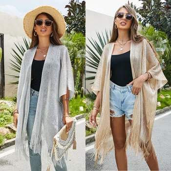 Women's Tops Loose Tassels Coverups Beach Swim Bikini Kimono Cardigan Bathing Suit Cover Ups Blouse for Swimwear Resort Wear 1