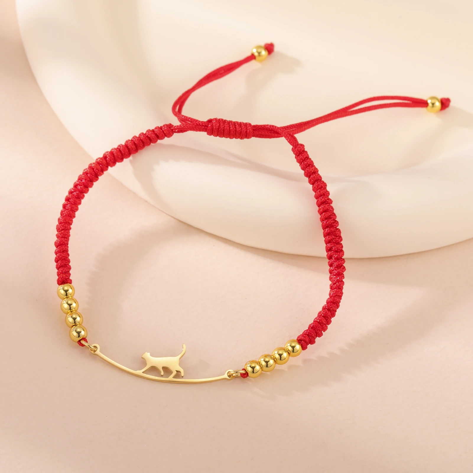 Stainless Steel Gold Color Cat Charm Bracelet for Girls' Braided Rope Bracelets - PeticaDeals