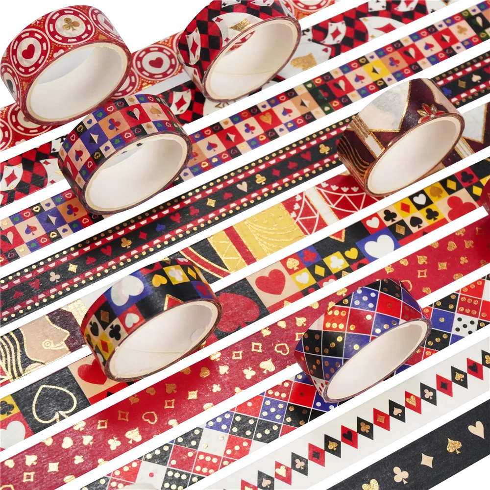 10pcs Poker Card Washi Tapes Set Red Heart Diamond 15mm Adhesive Paper Masking Tapes Diary Decoration Stickers F7318