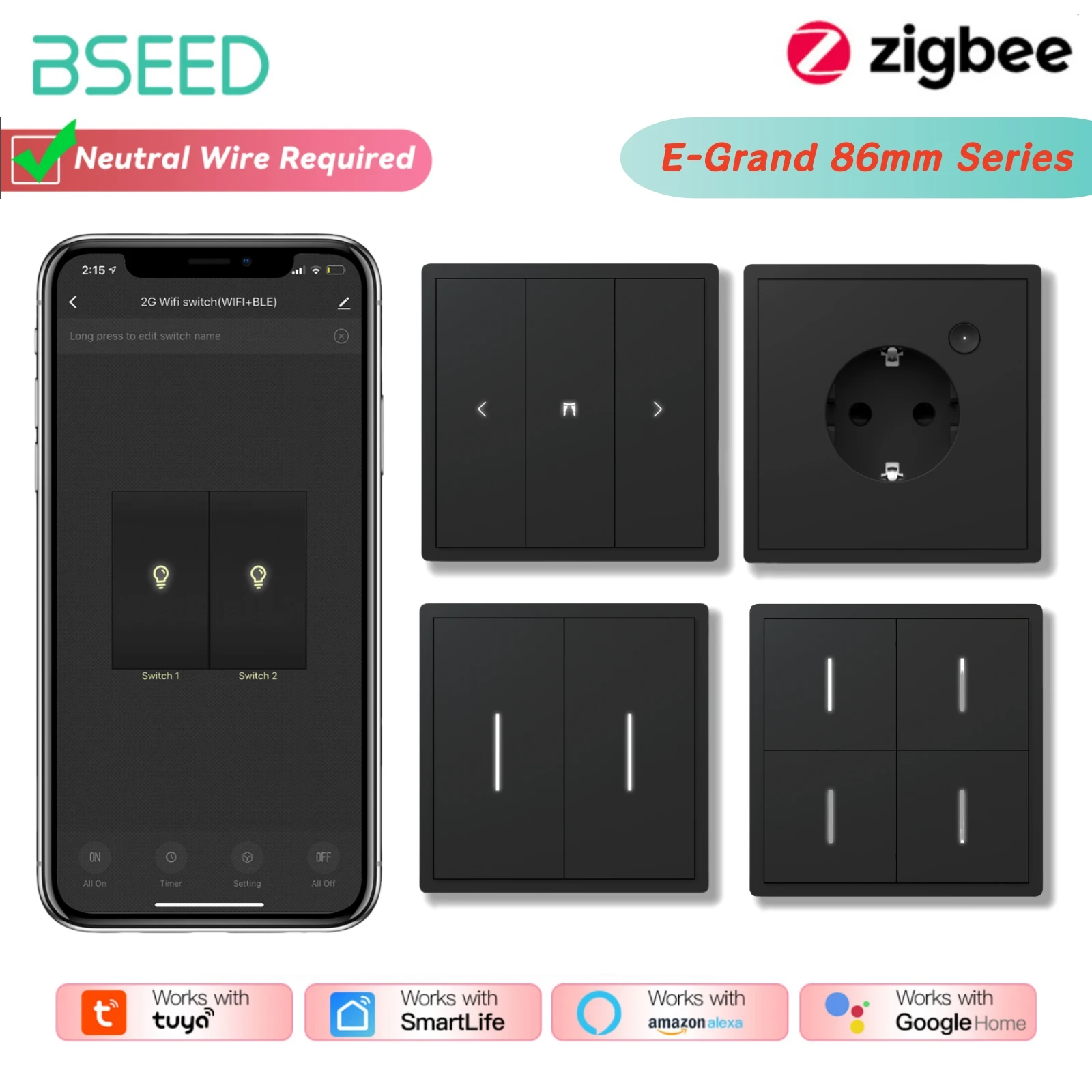 BSEED ZigBee คลิกสวิทช์ไฟ Series ปุ่มขนาดใหญ่ EU มาตรฐานสมาร์ทผ้าม่านชัตเตอร์สมาร์ทซ็อกเก็ต TUYA APP 1