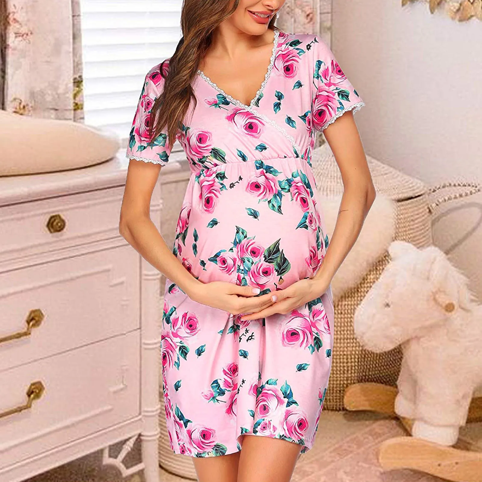 Vestido de maternidad informal con estampado de flores mujer, ropa de lactancia de manga corta ajustable con cuello en V, ropa de embarazo para amamantar - AliExpress