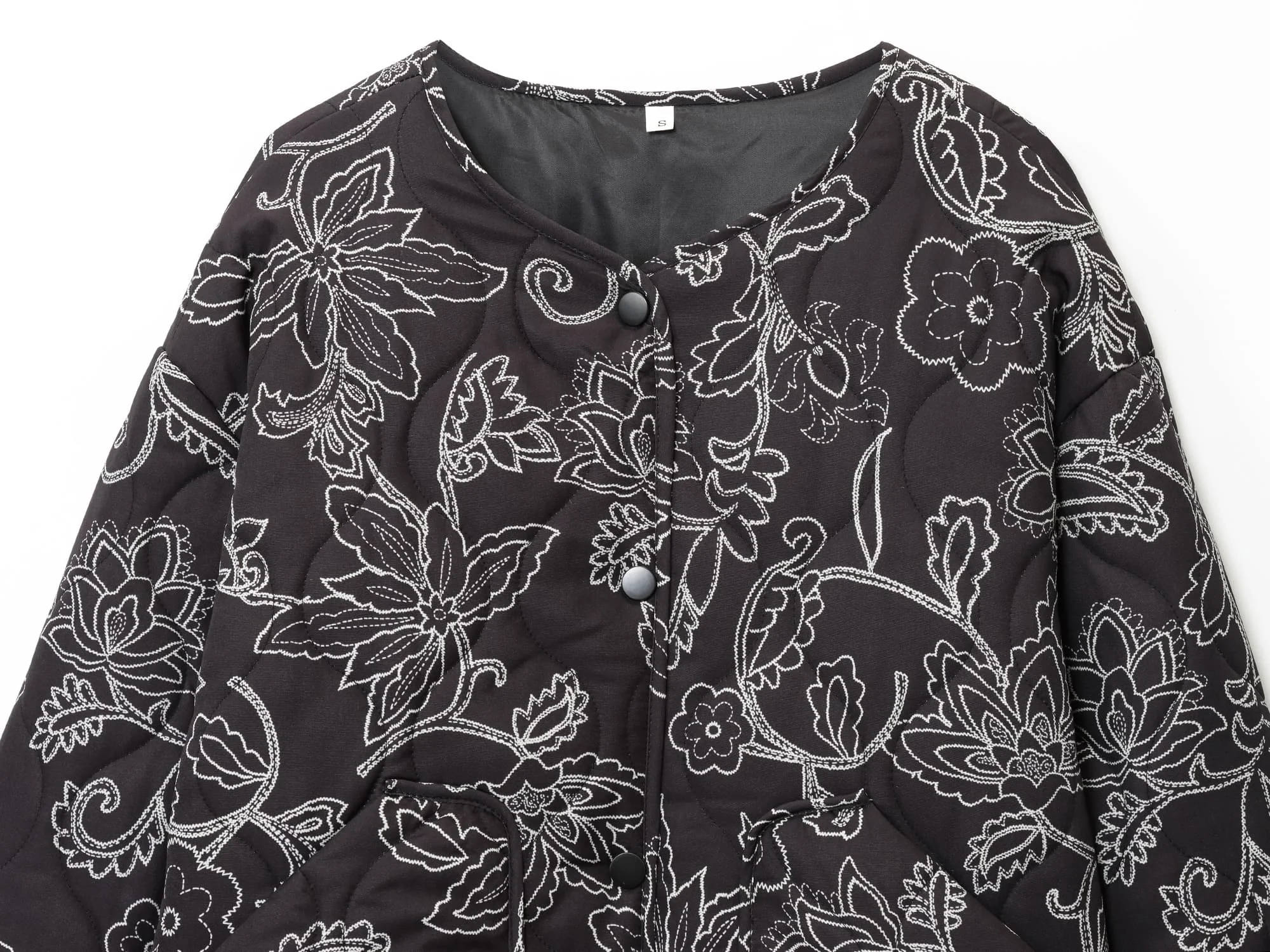 Women'S Short Jacket Coat O-Neck Long Sleeve Quilted Printed Autumn And Winter New Casual Vintage Style Button Outerwear Coat