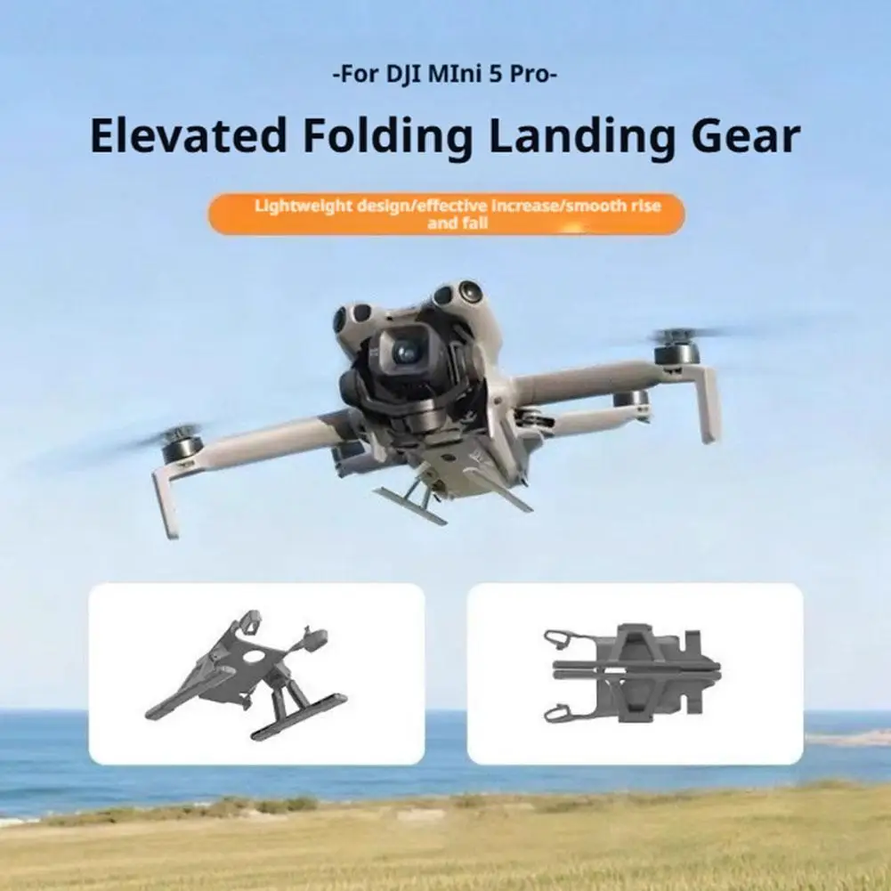 Support réglable pour DJI Mini 5 Pro en action, assurant atterrissage stable et protection anti-rayures