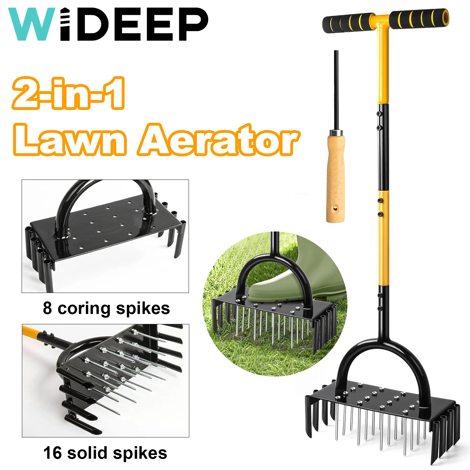 2-in-1 Manual Lawn Aerator Tool 16 Metal Spikes 8 Corer Plugs