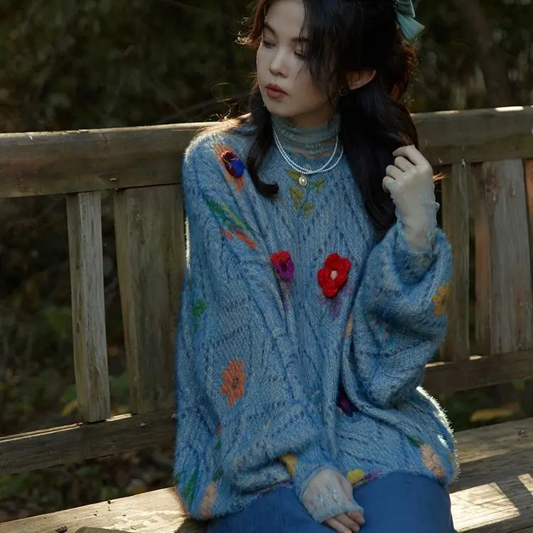 

Korea 3D Crochet Floral Knit Pullover Women Cashmere Wool Hollow Out Sweater Blue Floral Embroidery Knitwear Autumn Spring