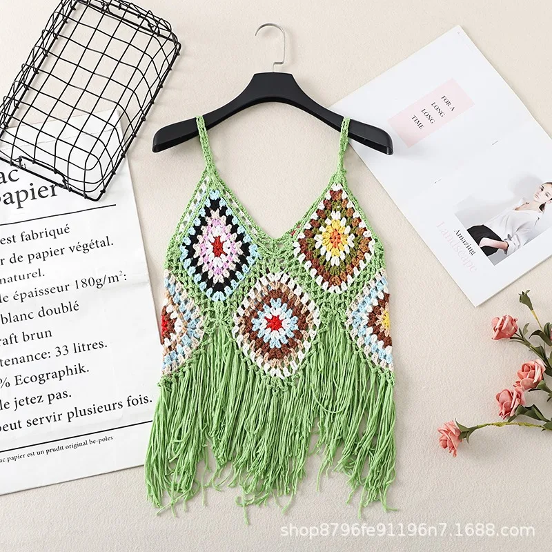 Tassel vest suspender women summer Yunnan ethnic style women's clothing retro embroidery loose V-neck travel hollowed out shirt