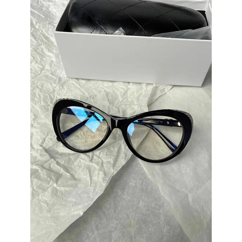 

24 New Xiaoxiangjia Flat Blue Glasses Female Black Plate Fashion Cat's Eye Frame Ch3405 Fashion Anti-ultraviolet Travel Sunshade