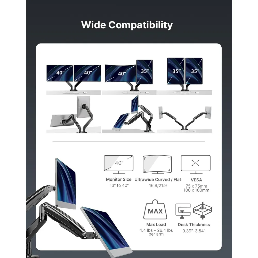 dual monitor stand for 13 to 40 inch, premium dual monitor mount with usb, height adjustable monitor stand for 2 monitors, vesa