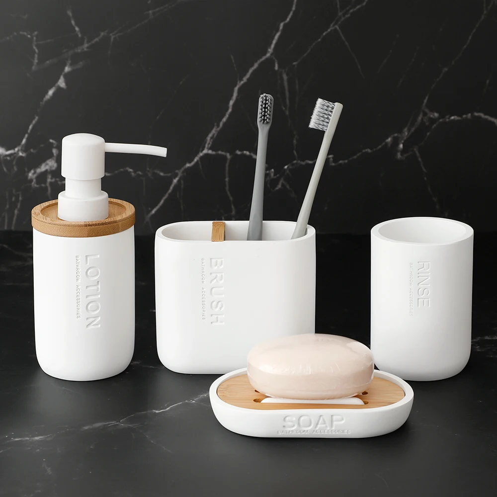 Bathroom Accessories set Soap Lotion Dispenser Toothbrush Holder Soap Dish Tumbler Pump Bottle Cup Wood Black or White soap dispenser,bathroom accessories set